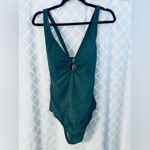 Kona Sol Green Ribbed One-Piece Swimsuit with Front Ring